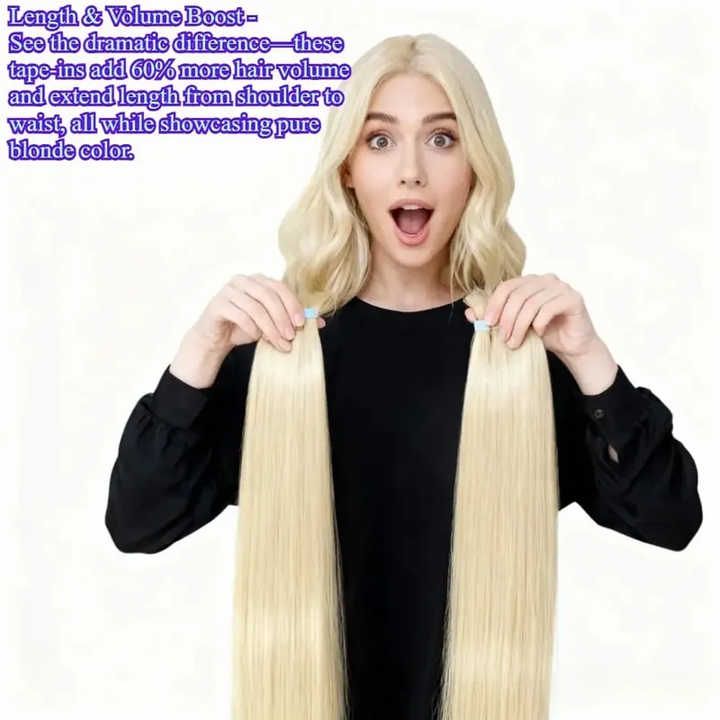 Blonde Tape in Hair Extensions Human Hair Platinum #613 Straight Seamless Skin Weft Tape in Real Human Hair Extensions 50G