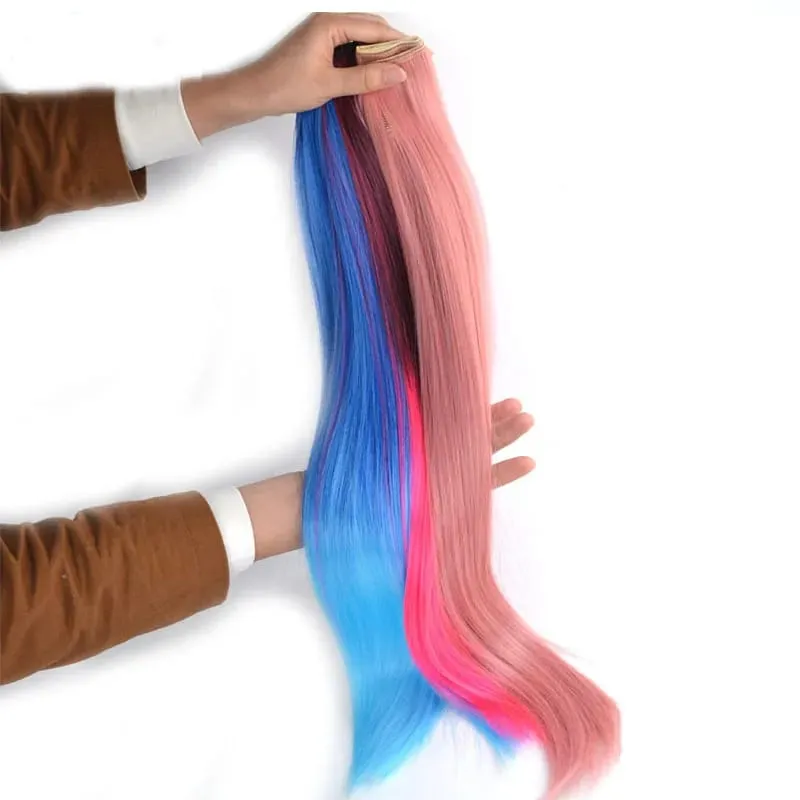 Jeedou Synthetic Clip In Hair Extension Pink Blue Green Ombre Color One Piece With 5Clips Straight Halloween Cosplay Hairpieces