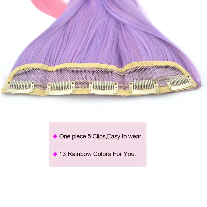 Jeedou Synthetic Clip In Hair Extension Pink Blue Green Ombre Color One Piece With 5Clips Straight Halloween Cosplay Hairpieces