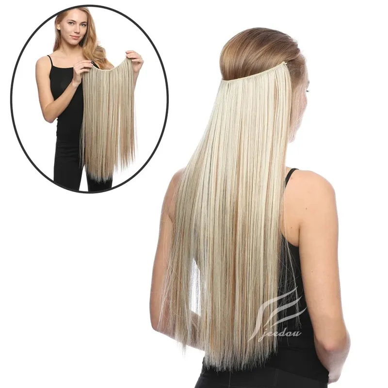 Synthetic One piece Hair Extensions No Clip No Glue Invisible 24inch Long Straight Wave Heat Resistant String Hairpiece