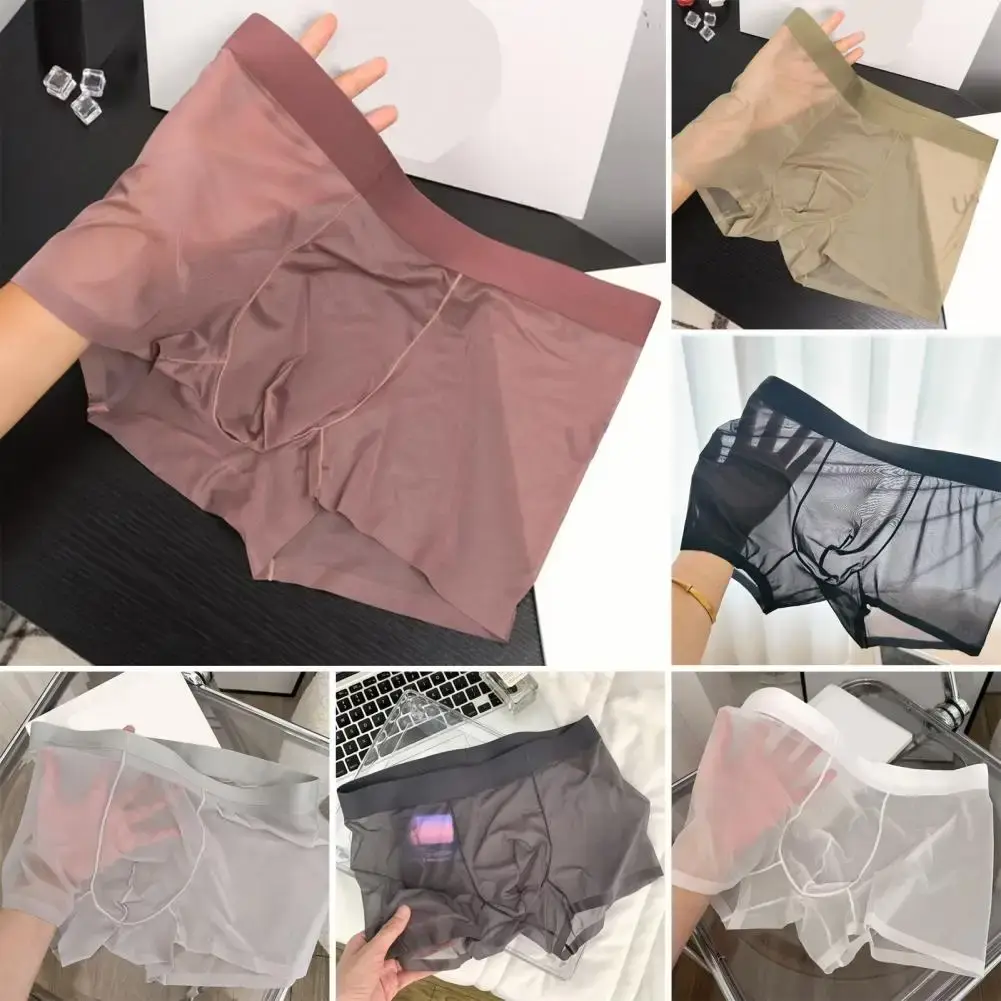 Men Boxer Transparent Lightweight Men Underwear Elastic Mid-Waist U-Convex Thin Perspective Shorts Briefs Seamless Panties