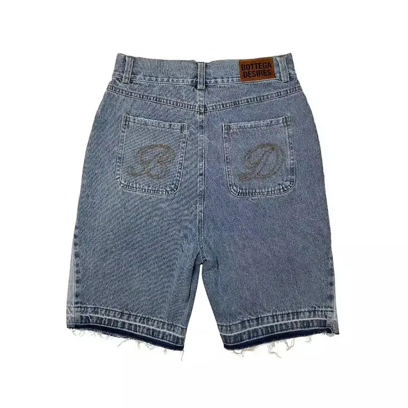 American Style Harajuku Retro Denim Shorts with Letter Embroidery Oversized Jeans Men Y2k Loose Casual Versatile Shorts Woman