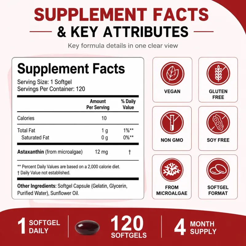 Astaxanthin Supplement 12mg Softgels from Microalgae with Antioxidant Support for Skin Health & Healthy Aging 120 Count