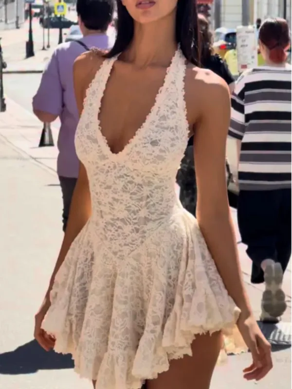 Ivory White Halter‑Neck Lace Mini Dress Women Deep V‑Neck Backless Fitted Waist Flared Hem Vestido Birthday Date Holiday Gown