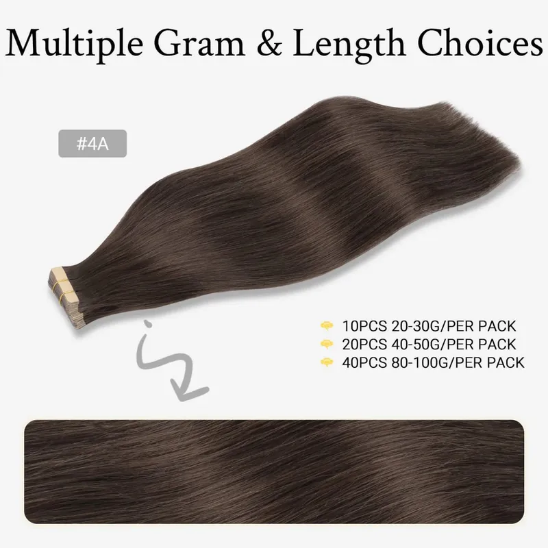 Sunmofavo Tape In Remy Human Hair Extensions Thick Silky Straight Natural Brown Invisible Tape 20Pcs Salon Grade For Women