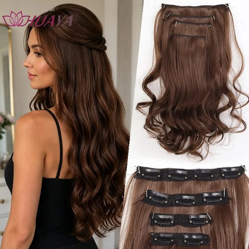 4‑Pcs Clip‑in Synthetic Hair Extensions Long Wavy Curly Heat‑Resistant Hair Pieces for Daily and Party Wear