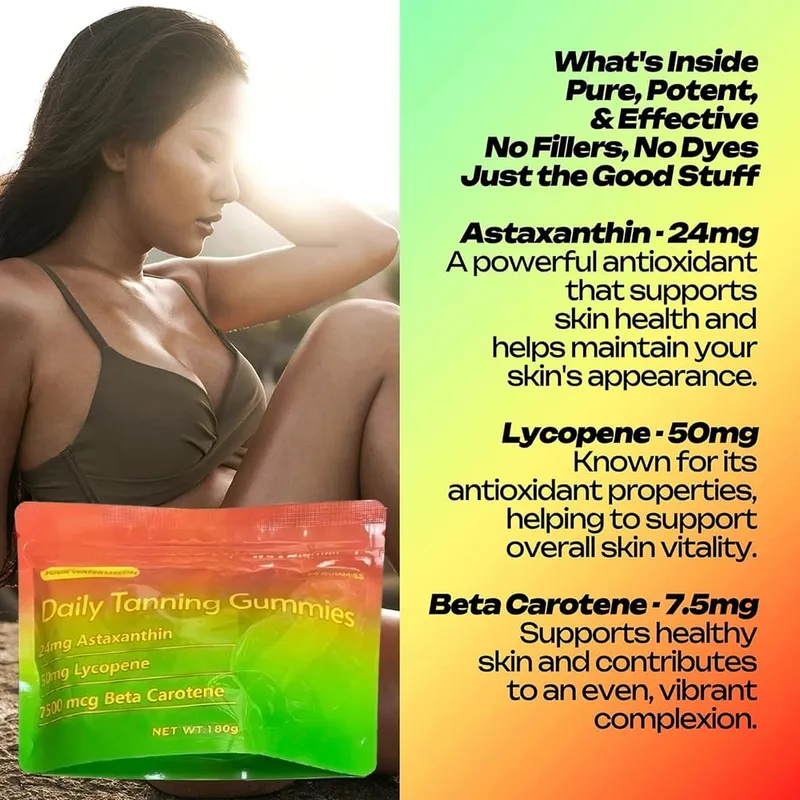 Tanning Gummies - Natural Tanning Supplement with Astaxanthin Lycopene & Beta Carotene - Boost Melanin for Radiant Skin & Glow
