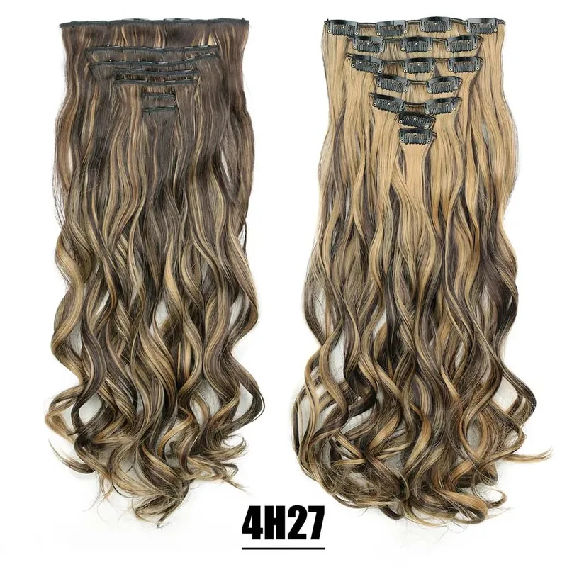 Synthetic 16 Clips In Hair Extensions 7Pcs/Set Long Wavy Hairstyles 24Inch 140G Clip In Heat Resistant Black Brown Hairpiece