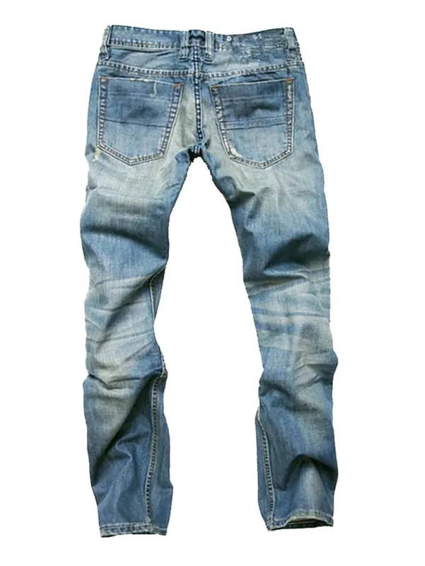 Hole Jeans for Men Mid Waist Washed Straight Pants Streetwear Vintage Zipper Fly Denims 2024 Autumn Ankle Length Trousers