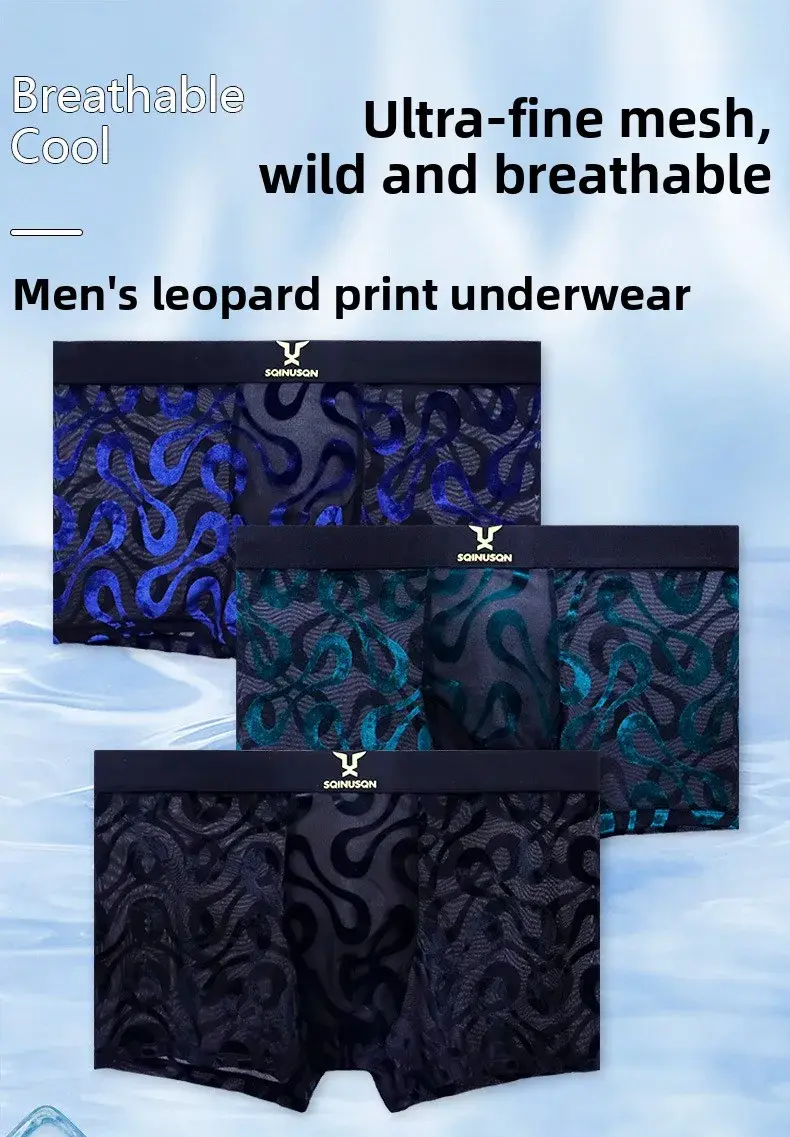 2PCS Men's Sheer Mesh Flocked Boxer Briefs with Wide Elastic Waistband High Stretch Multi Colors Optional plus Size Male Underwe