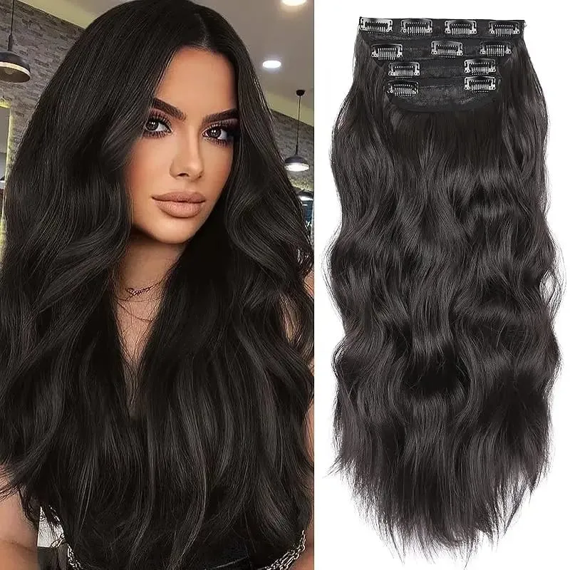 Black 20 Inch 4pcs Thick Hairpieces Long Wavy Natural Synthetic Clip in Hair Extensions for Women