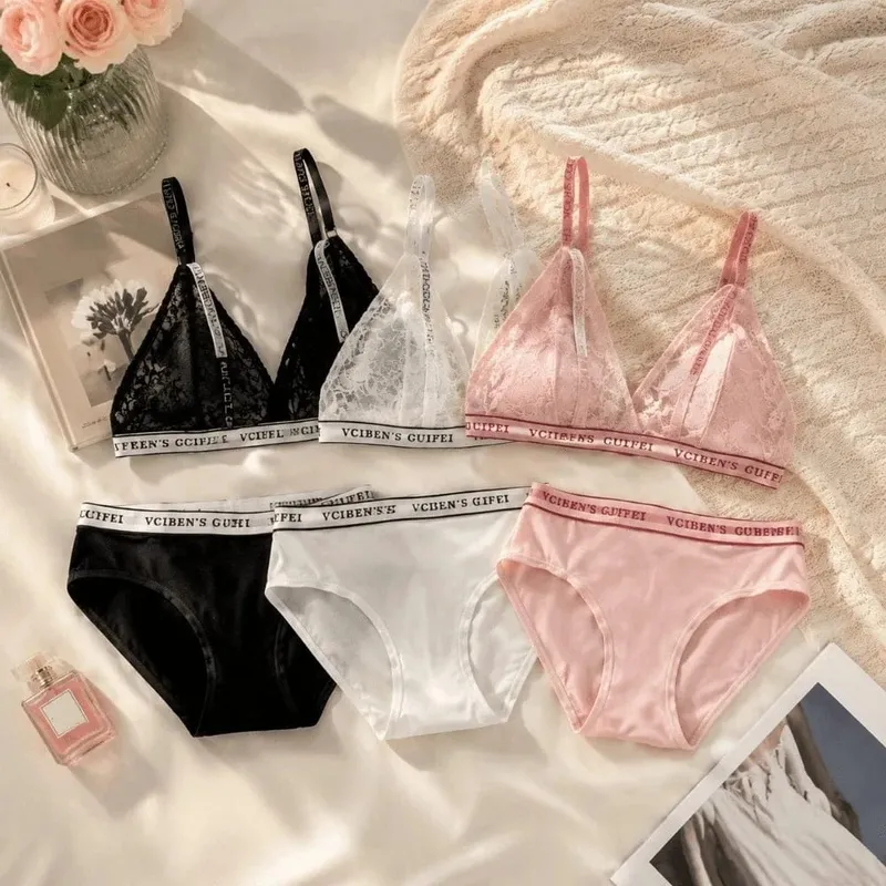 Bra Suit Letter Design Lingerie Set Lace Wireless Women Underwear Suit Deep V Color Blocking Bra Panties Set Girl