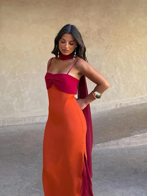 Sexy Color Blocking Scarf Collar Sling Dress Women Chic Waist Cinching Split Bodycon Maxi Dresses 2026 Lady Club Party Vestido