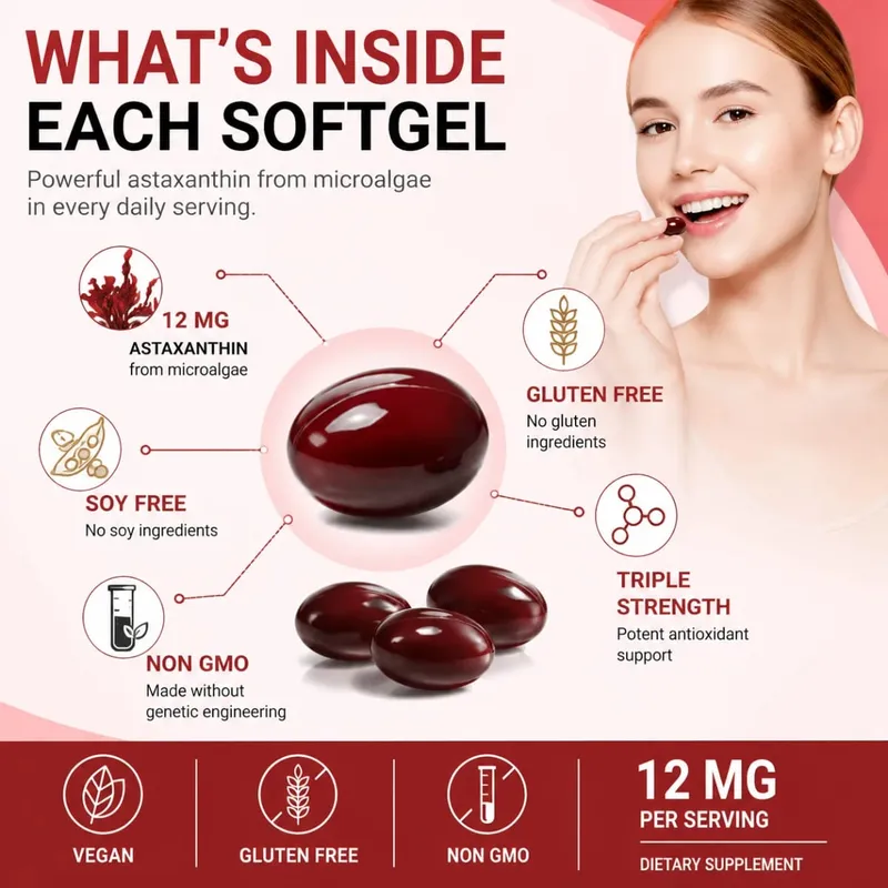 Astaxanthin Supplement 12mg Softgels from Microalgae with Antioxidant Support for Skin Health & Healthy Aging 120 Count