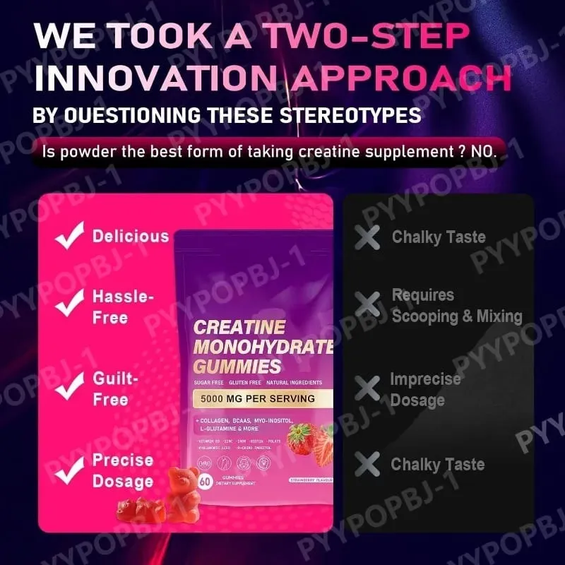 Creatine Monohydrate Gummies 60 Count with Collagen Biotin Vitamin D3 & Hyaluronic Acid for Daily Pre & Post Workout Recovery