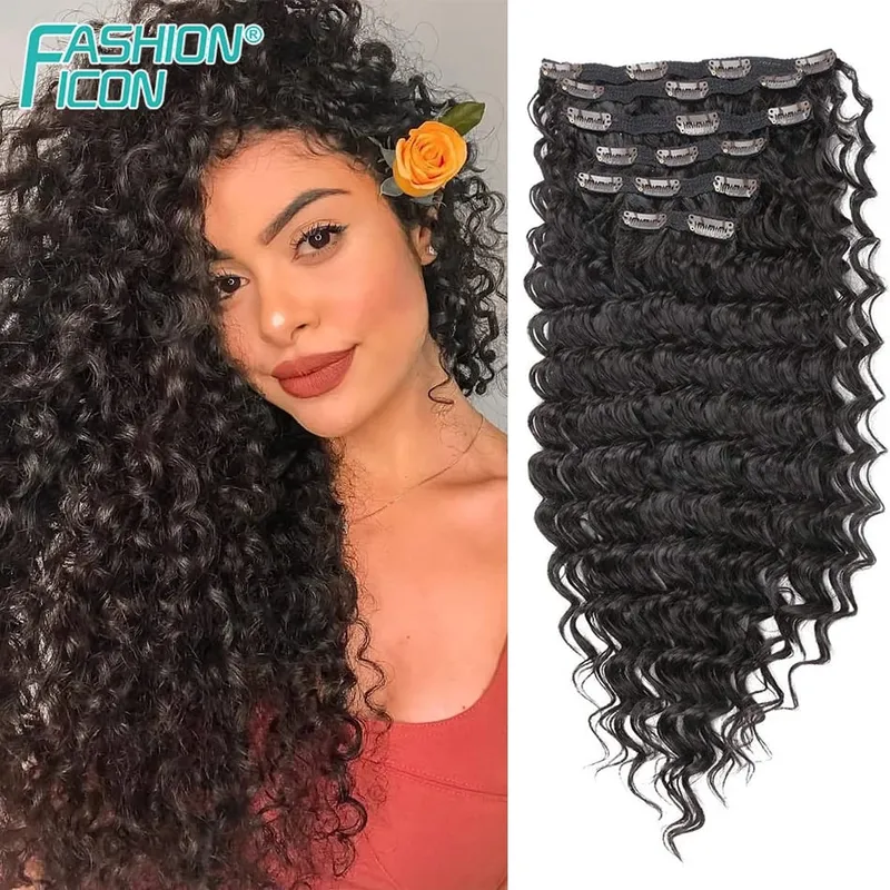 24 Inch Deep Wave Clip In Hair Extensions Synthetic Ombre 7Pc/140g Full Head Curly Hairpieces Heat Resistant Fake Hair for Women