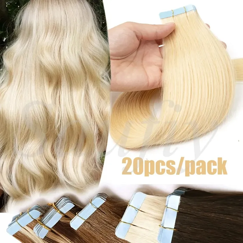 Blonde Tape In Hair Extensions Human Hair 20pcs/Pack Straight Natural Black Blonde Brown Tape Ins Hair Extensions 12-20inches Seamless Double Side Skin Weft Tape In Hair For Women