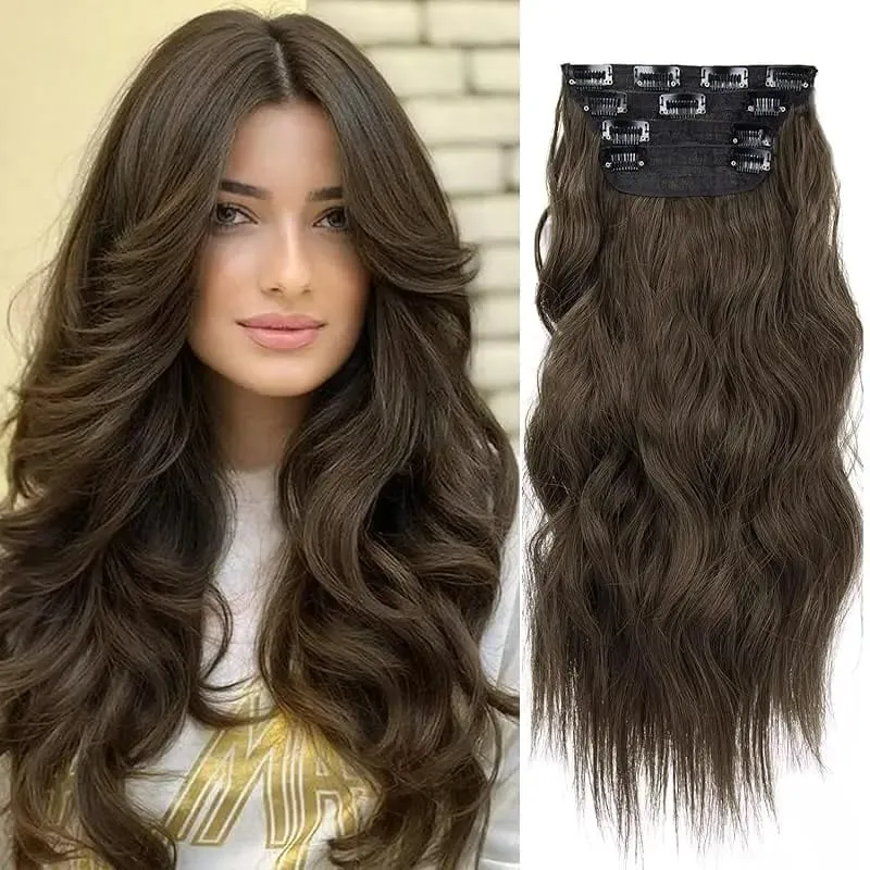 Black 20 Inch 4pcs Thick Hairpieces Long Wavy Natural Synthetic Clip in Hair Extensions for Women