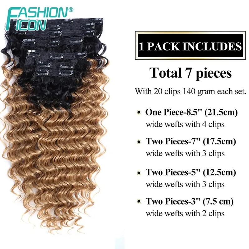 24 Inch Deep Wave Clip In Hair Extensions Synthetic Ombre 7Pc/140g Full Head Curly Hairpieces Heat Resistant Fake Hair for Women