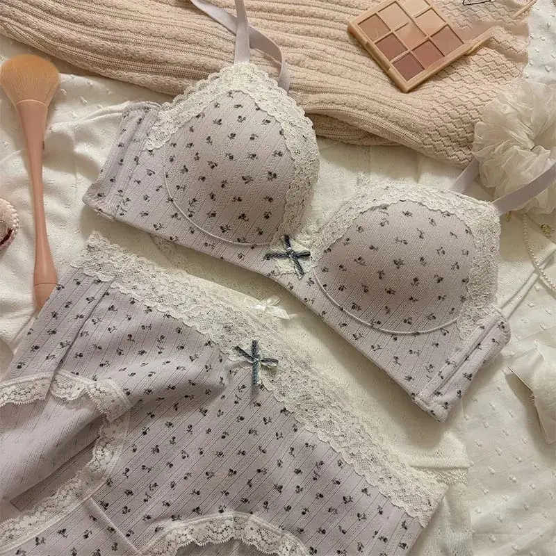 Sweet Girl Lace Edge Floral Bra Set Women Non-steel Ring Beauty Back No Steel Hoop Anti Sagging Underwear Cotton Comfortable Bra