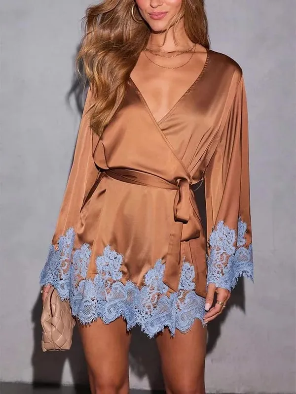 Sexy Chic Brown Lace Satin Womens Dress Spring Deep V Neck Hollow Mini Dress Autumn Long Sleeve Sashes Homewear Night Gown