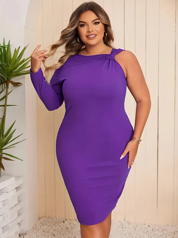 Elegant Plus Size Purple One-Shoulder Dress with Asymmetric Sleeve Design for Any Occasion