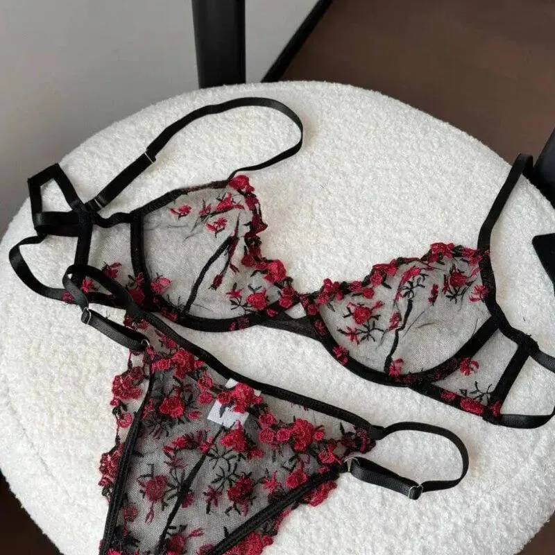 European Women Alluring Sheer Lace Embroidery Underwire Bra Big Bust Support Minimize Anti‑Sagging Soft Lingerie S‑XL Bra Set