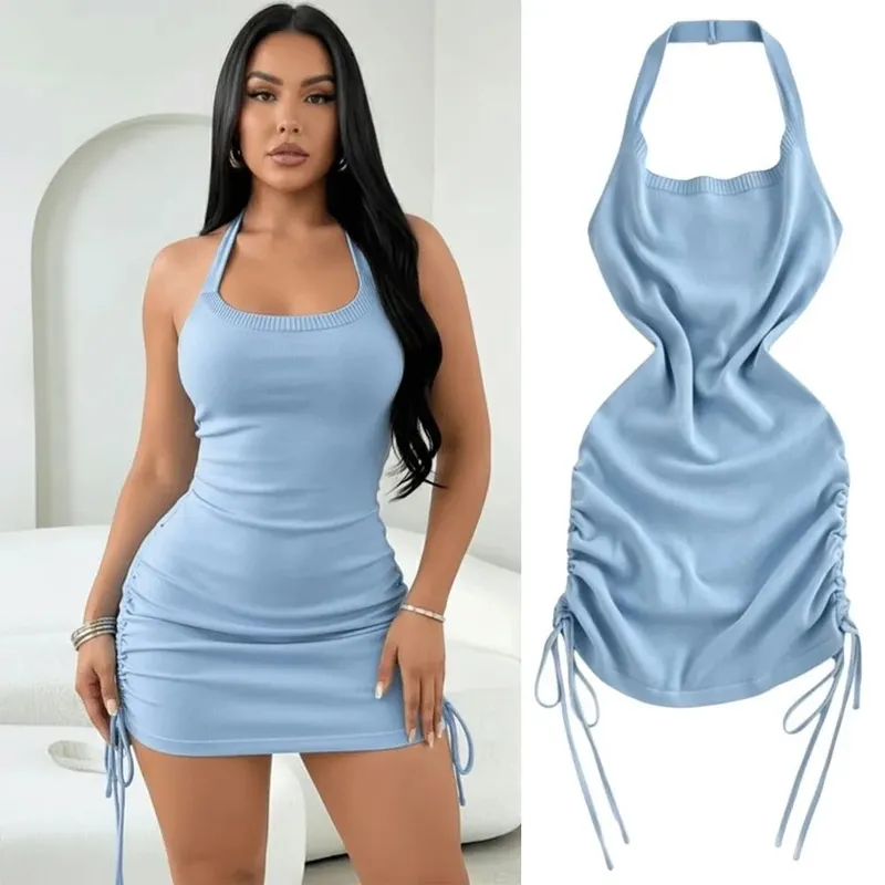 Solid Color Halter Neck Dress Sleeveless Design Drawstring Bodycon Dress Stretchy Knit Ruched Side Mini Dress Women Summer Wear