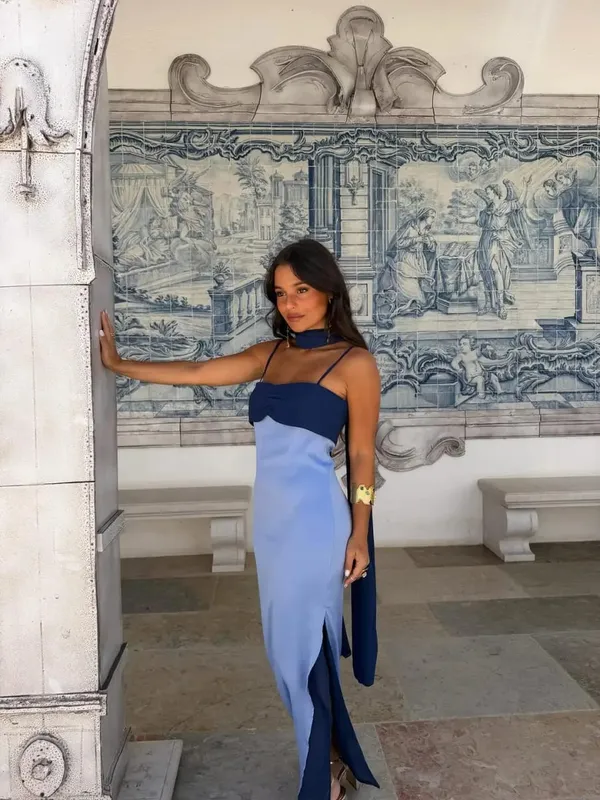 Sexy Color Blocking Scarf Collar Sling Dress Women Chic Waist Cinching Split Bodycon Maxi Dresses 2026 Lady Club Party Vestido