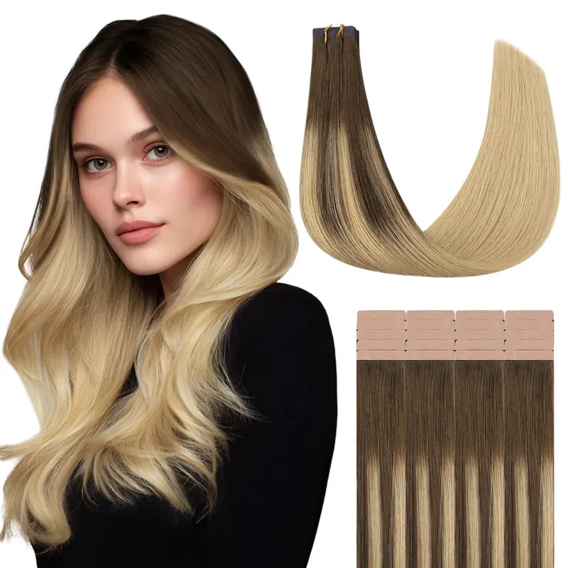 Sunmofavo Tape In Remy Human Hair Extensions Thick Silky Straight Natural Brown Invisible Tape 20Pcs Salon Grade For Women