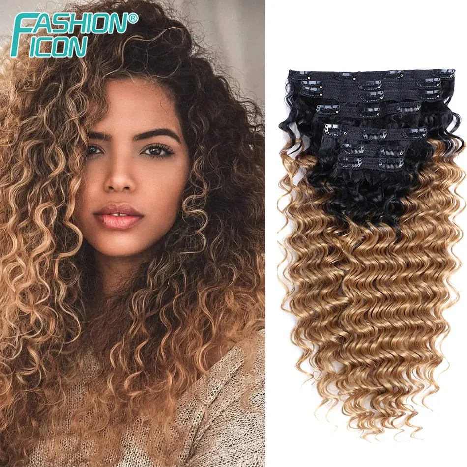24 Inch Deep Wave Clip In Hair Extensions Synthetic Ombre 7Pc/140g Full Head Curly Hairpieces Heat Resistant Fake Hair for Women