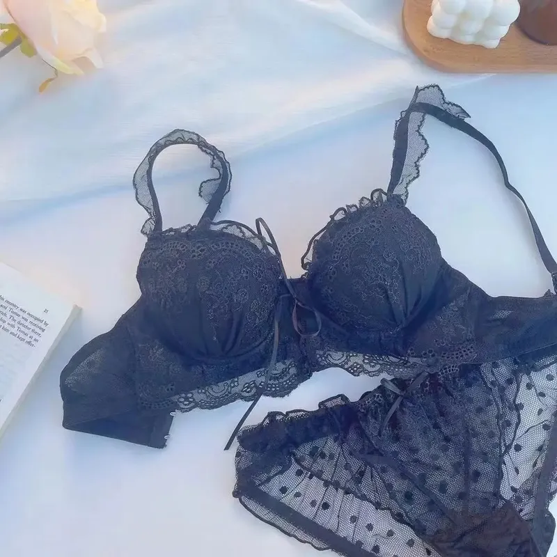 Japanese Style Lace Bralette Set Sexy Cute Underwear with Steel Ring for Small Breasts Push Up Bra & Panty Set Hot Sale Now!