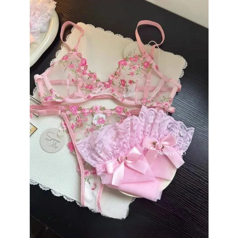 European Women Alluring Sheer Lace Embroidery Underwire Bra Big Bust Support Minimize Anti‑Sagging Soft Lingerie S‑XL Bra Set