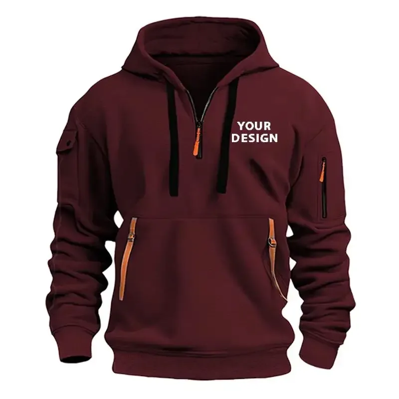 European New Men's Sports Zipper Arm Pocket Loose Casual Sweatshirt Customize Your Logo Dropped Shoulder Hooded Jacket Pullover