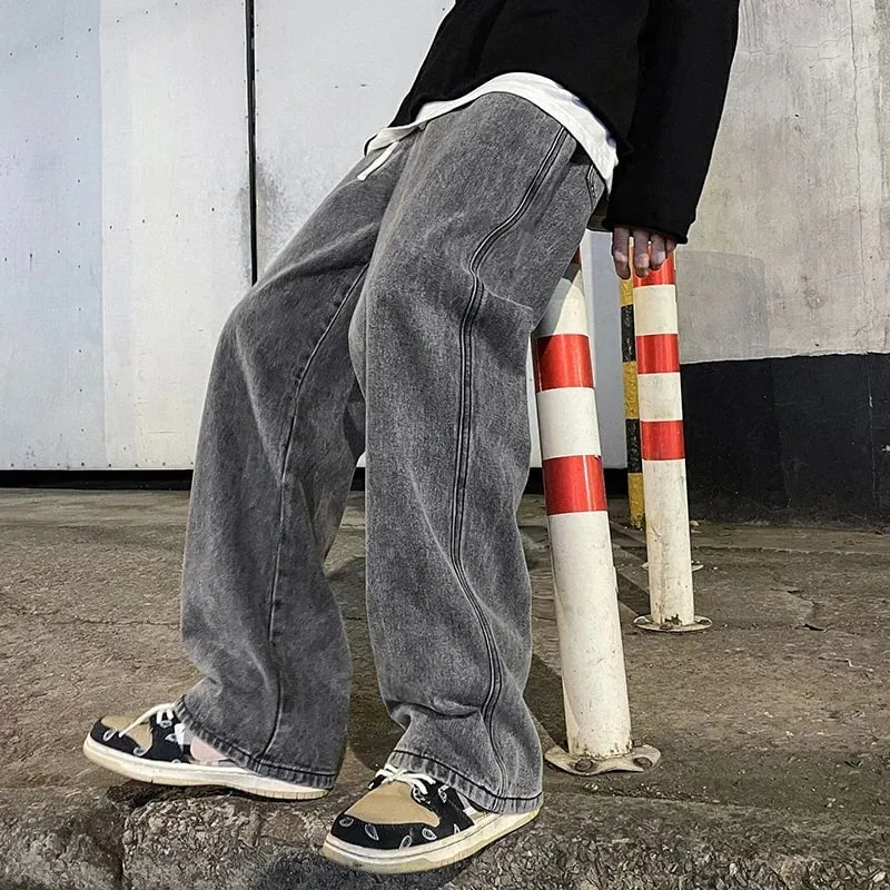 Men's Jeans Korean Version Student Casual Pants High Street Straight Loose Wide Leg Jeans Black Grey Blue Baggy Jeans