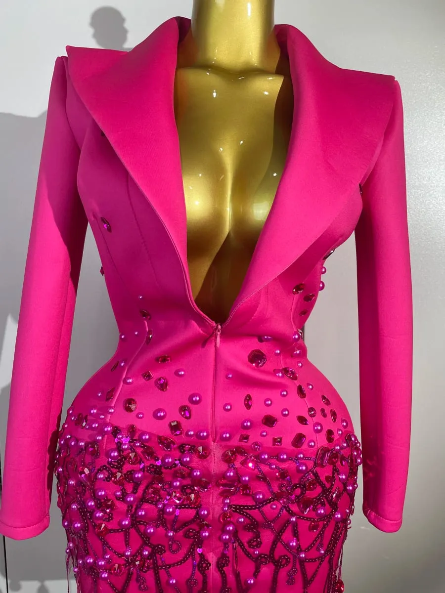 Sparkly Crystal Chains Pearls Long Sleeve Mini Dress 2025 Women Birthday Evening Party Nightclub Outfit Singer Wedding Costume