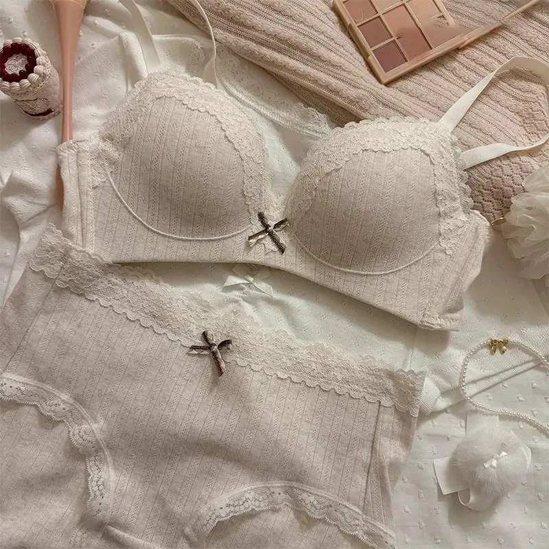 Sweet Girl Lace Edge Floral Bra Set Women Non-steel Ring Beauty Back No Steel Hoop Anti Sagging Underwear Cotton Comfortable Bra