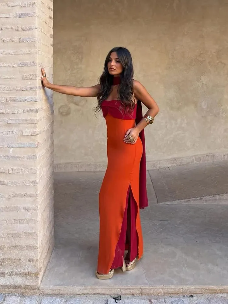 Sexy Color Blocking Scarf Collar Sling Dress Women Chic Waist Cinching Split Bodycon Maxi Dresses 2026 Lady Club Party Vestido