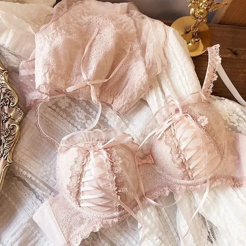 Lace-trimmed lingerie a sexy bra set for women with small breasts that gather and no steel rings