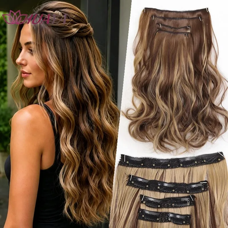 4‑Pcs Clip‑in Synthetic Hair Extensions Long Wavy Curly Heat‑Resistant Hair Pieces for Daily and Party Wear