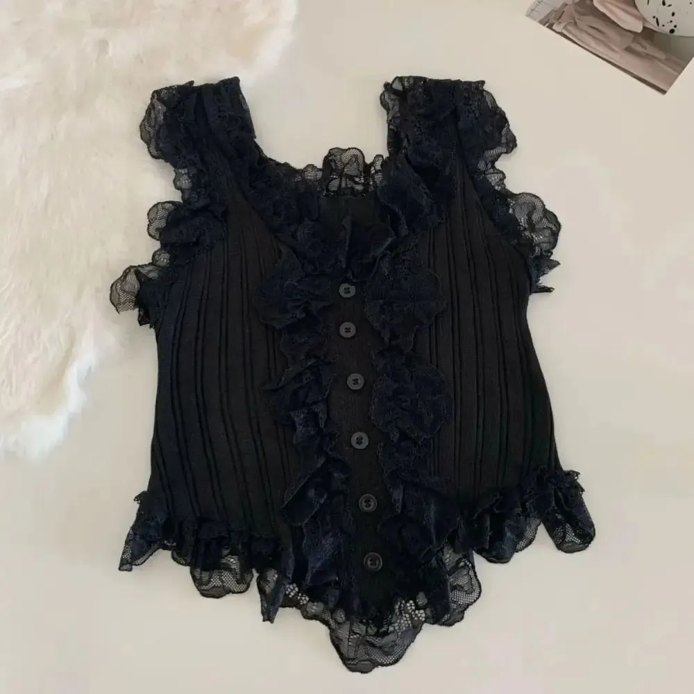 Cute Y2k Lace Knitted Crop Top Tank Korean Style Women's Knit Vest Top Undershirt Sweet Sleeveless Camisole Summer