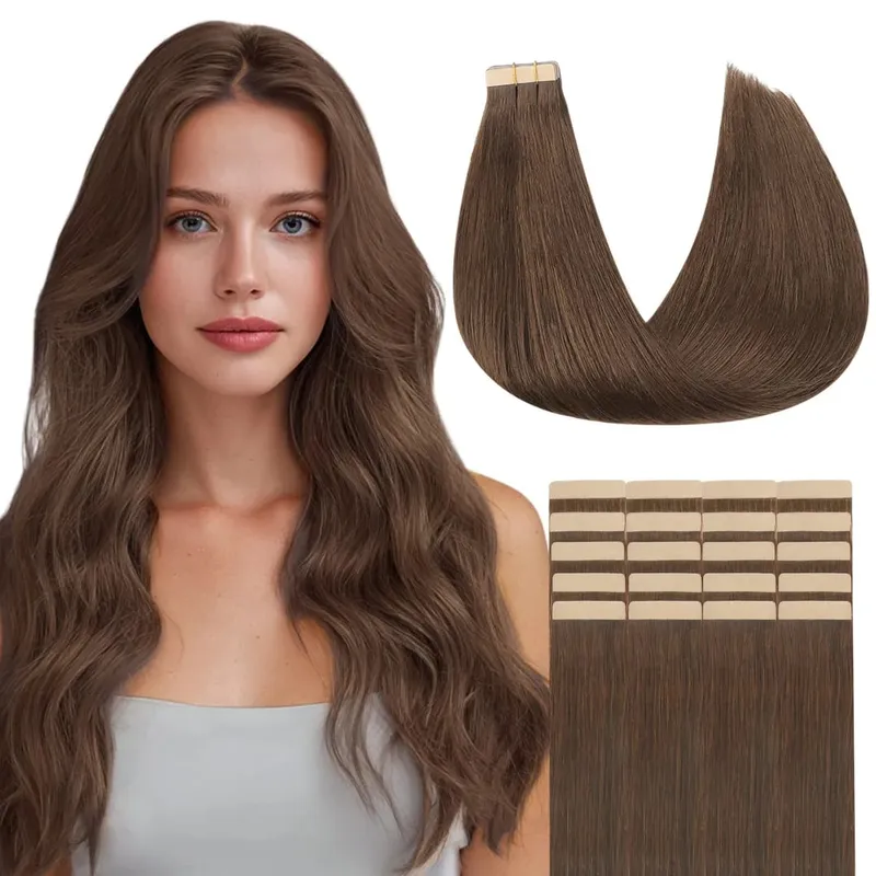 Sunmofavo Tape In Remy Human Hair Extensions Thick Silky Straight Natural Brown Invisible Tape 20Pcs Salon Grade For Women