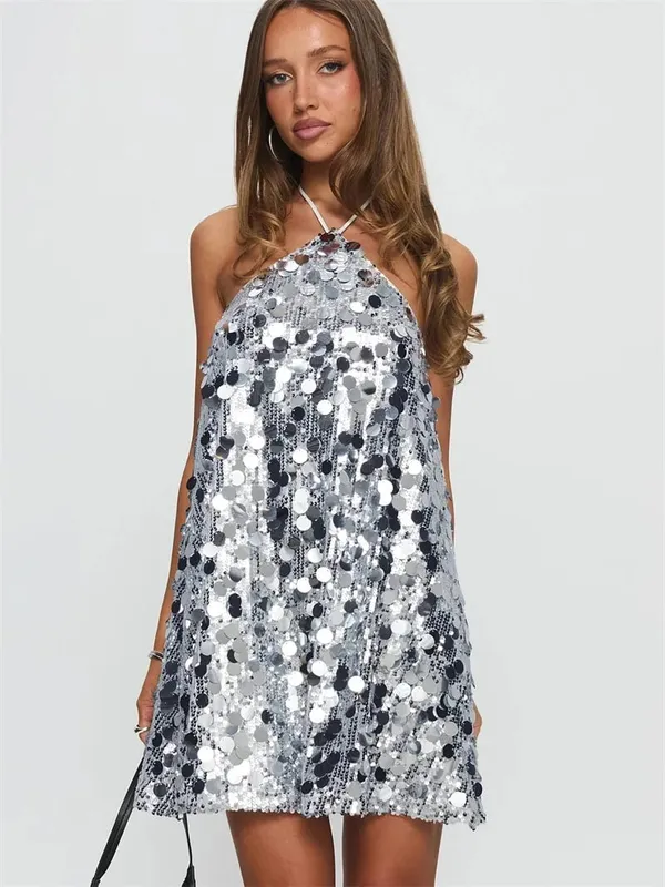 Women Halter Dress Sparkly Sequin Mini Dresses Clubwear Party Date Outfits Sexy Bodycon Dress Sexy Sleeveless Backless Dress
