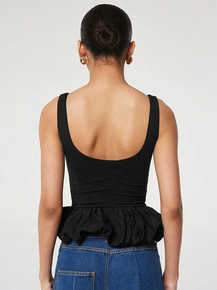 Square Neck Tank Tops For Women Sleeveless Backless Crop Top With Peplum Bubble Hem Summer Top Black White
