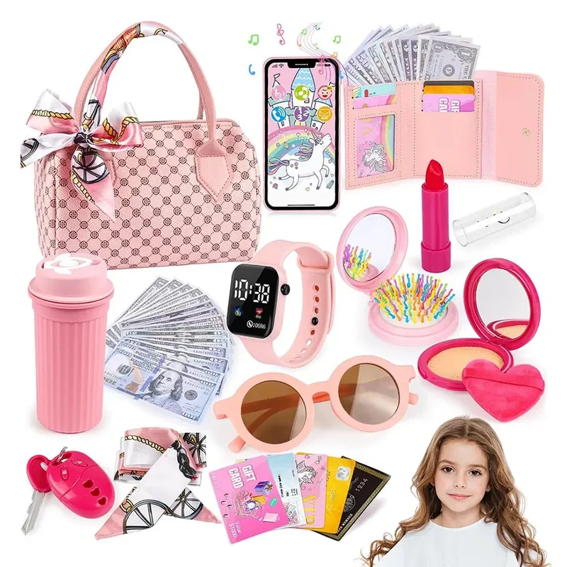Little Girls Play Purse Kids Pretend Play Purse Cell Phone/Makeup/Keys Princess Makeup Purse for Girls Christmas Birthday Gift