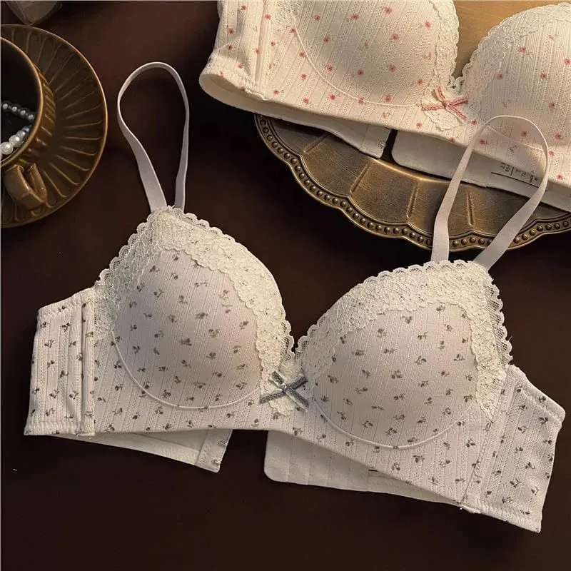 Sweet Girl Lace Edge Floral Bra Set Women Non-steel Ring Beauty Back No Steel Hoop Anti Sagging Underwear Cotton Comfortable Bra