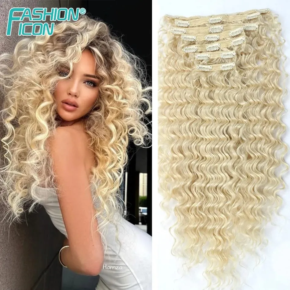 24 Inch Deep Wave Clip In Hair Extensions Synthetic Ombre 7Pc/140g Full Head Curly Hairpieces Heat Resistant Fake Hair for Women