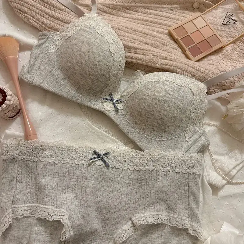 Sweet Girl Lace Edge Floral Bra Set Women Non-steel Ring Beauty Back No Steel Hoop Anti Sagging Underwear Cotton Comfortable Bra