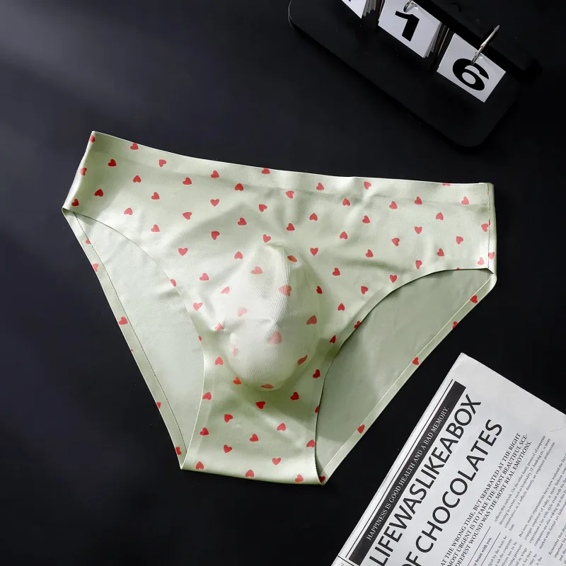 Male Seamless Ice Silk Briefs Cute Heart Bowknot Print 3D Molded Pouch Low Rise Soft Breathable Men Underpants