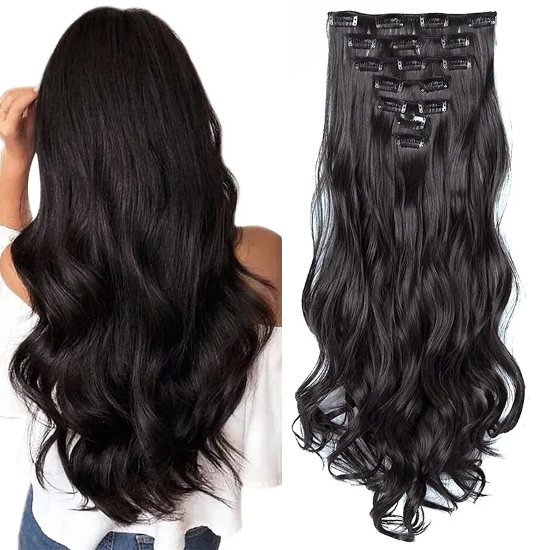 18~30 inch Long Wavy Clip-in Hair Extensions 7pcs/set Thick Hair pieces With Invisible Clips Soft Synthetic Fiber Black
